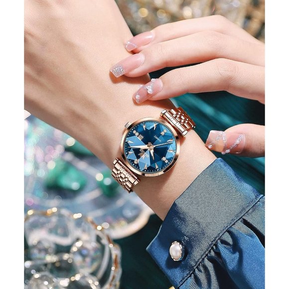 Women Blue Dial Rose Gold Stainless Steel Band Quartz Small Face Watch main image 4